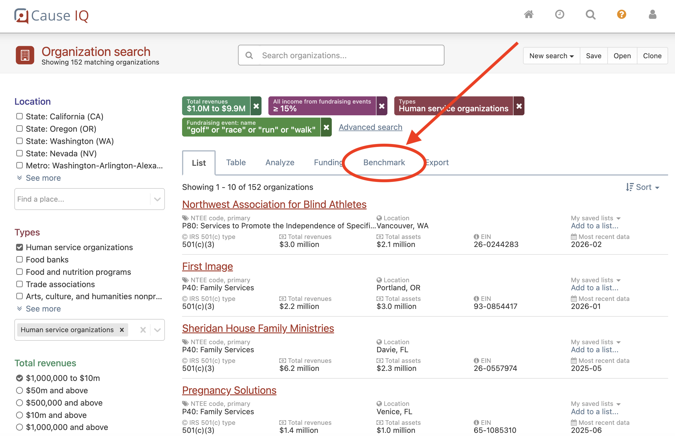 Accessing Cause IQ's "Benchmark" tool from the search interface