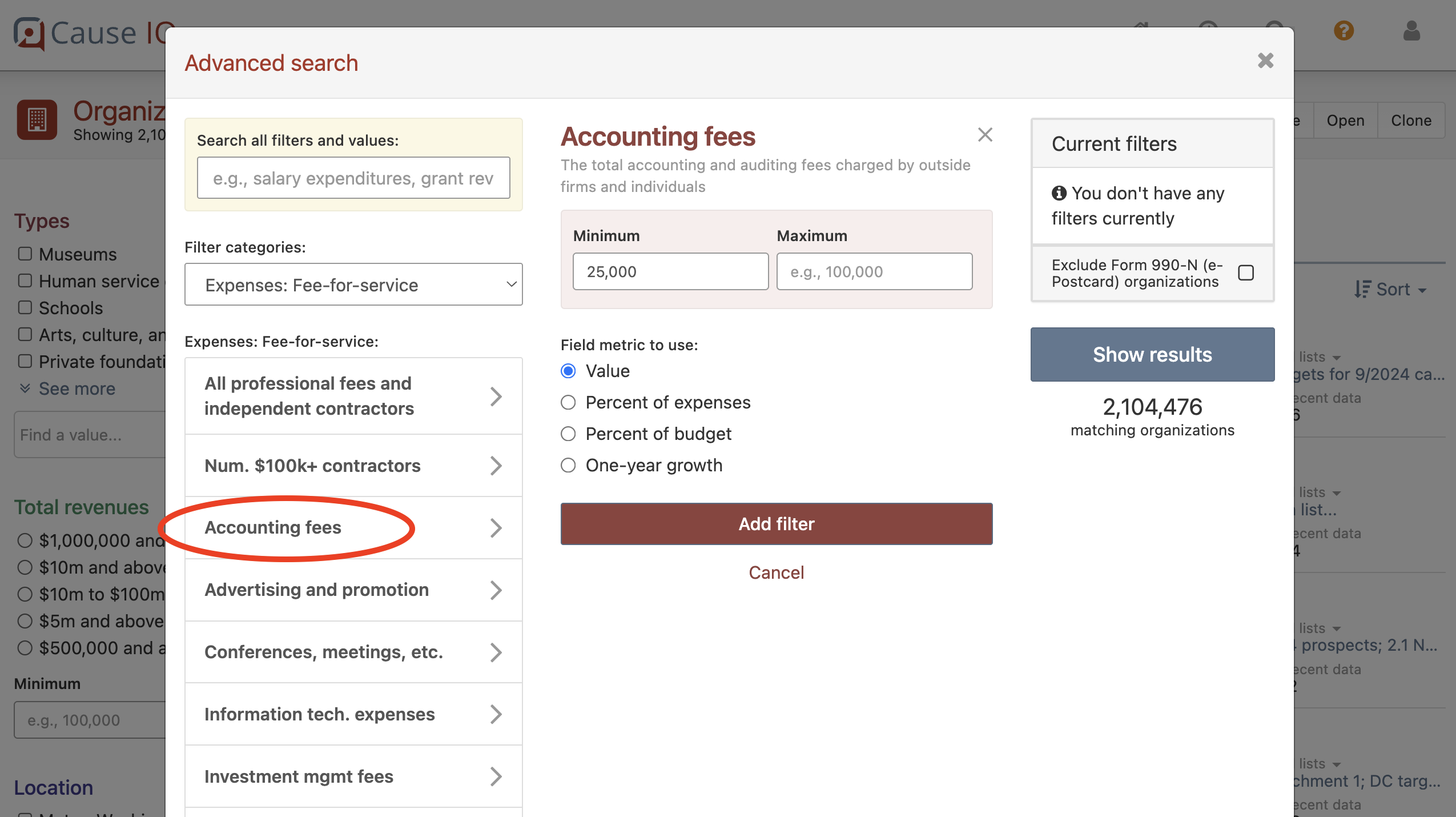 Accounting fees filter
