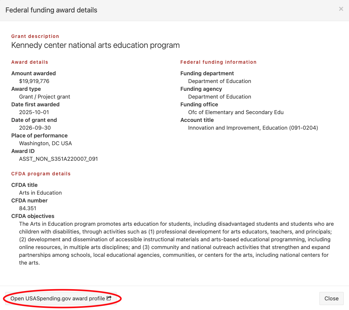 Federal funding details - Funding tab - Descriptions popup