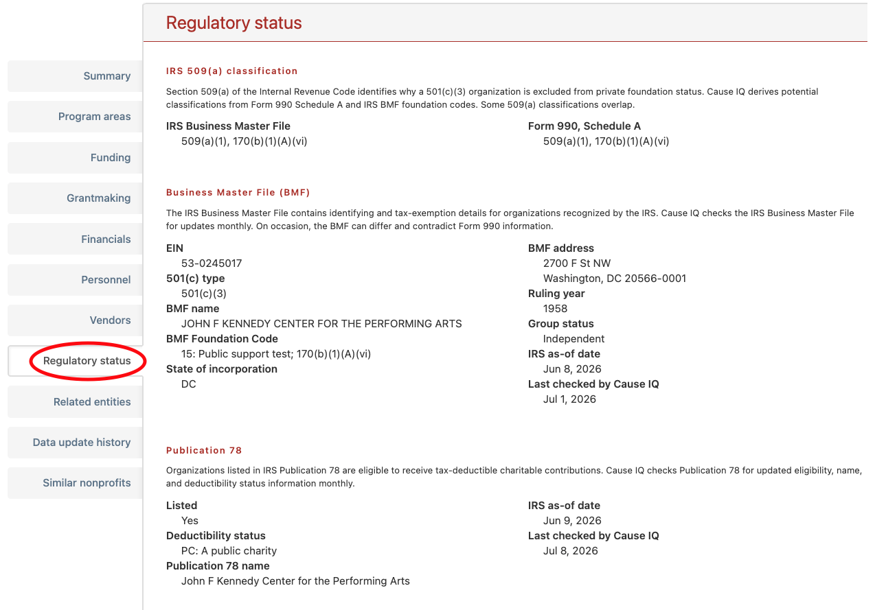 Regulatory status section of an organization's profile