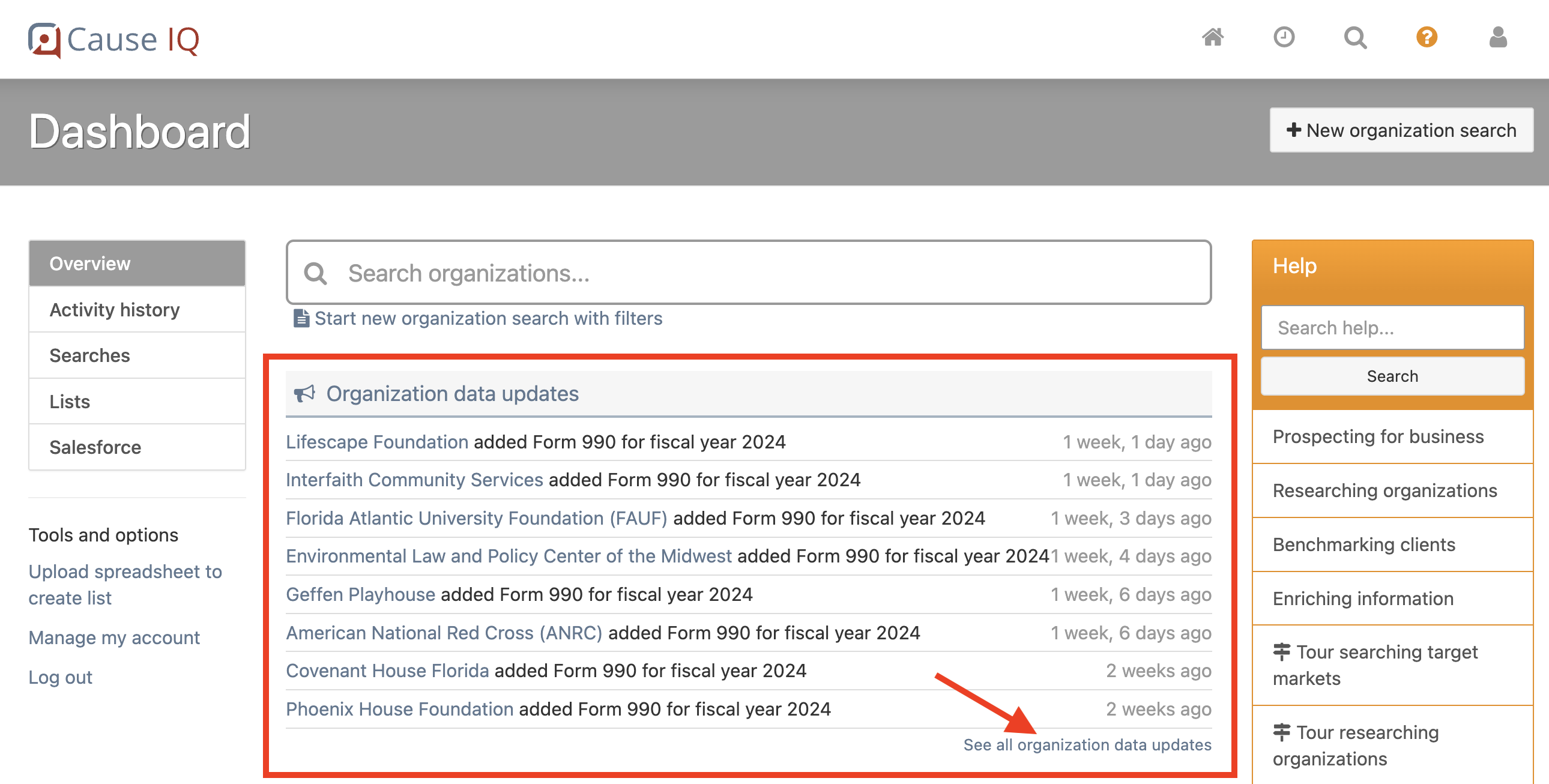 View organization data updates from your Dashboard