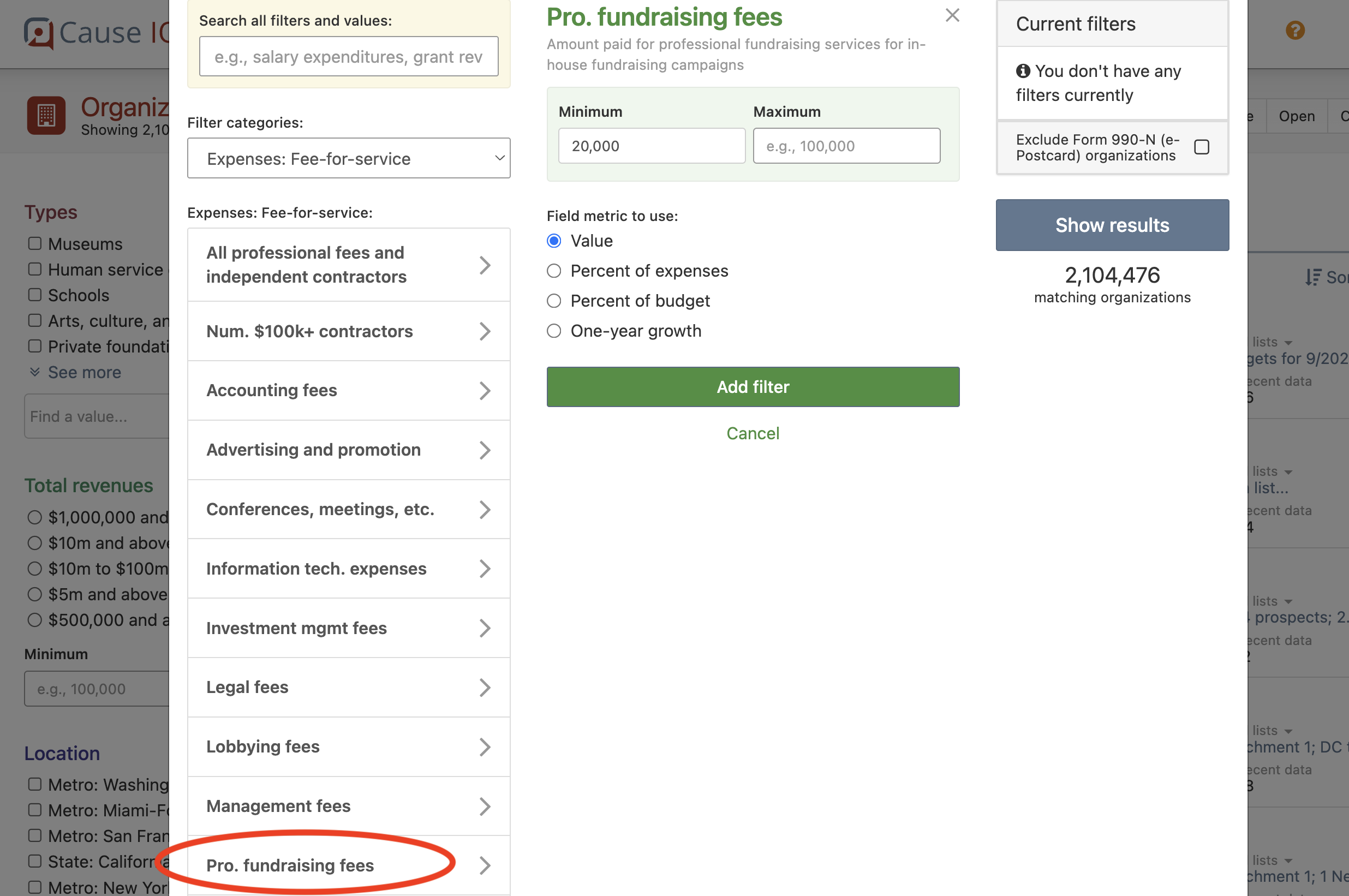 Pro. fundraising fees filter