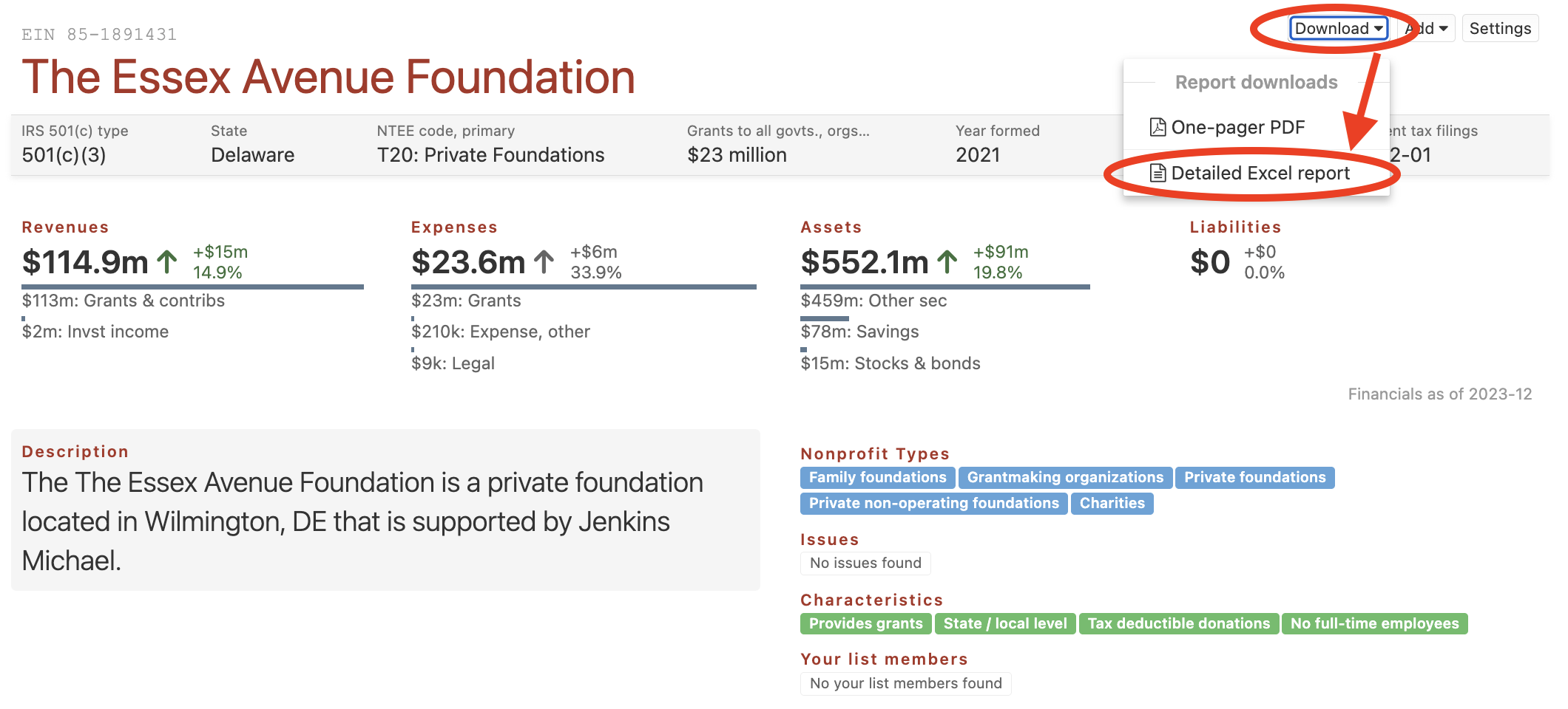 Detailed Excel organization report - location on funder's profile page