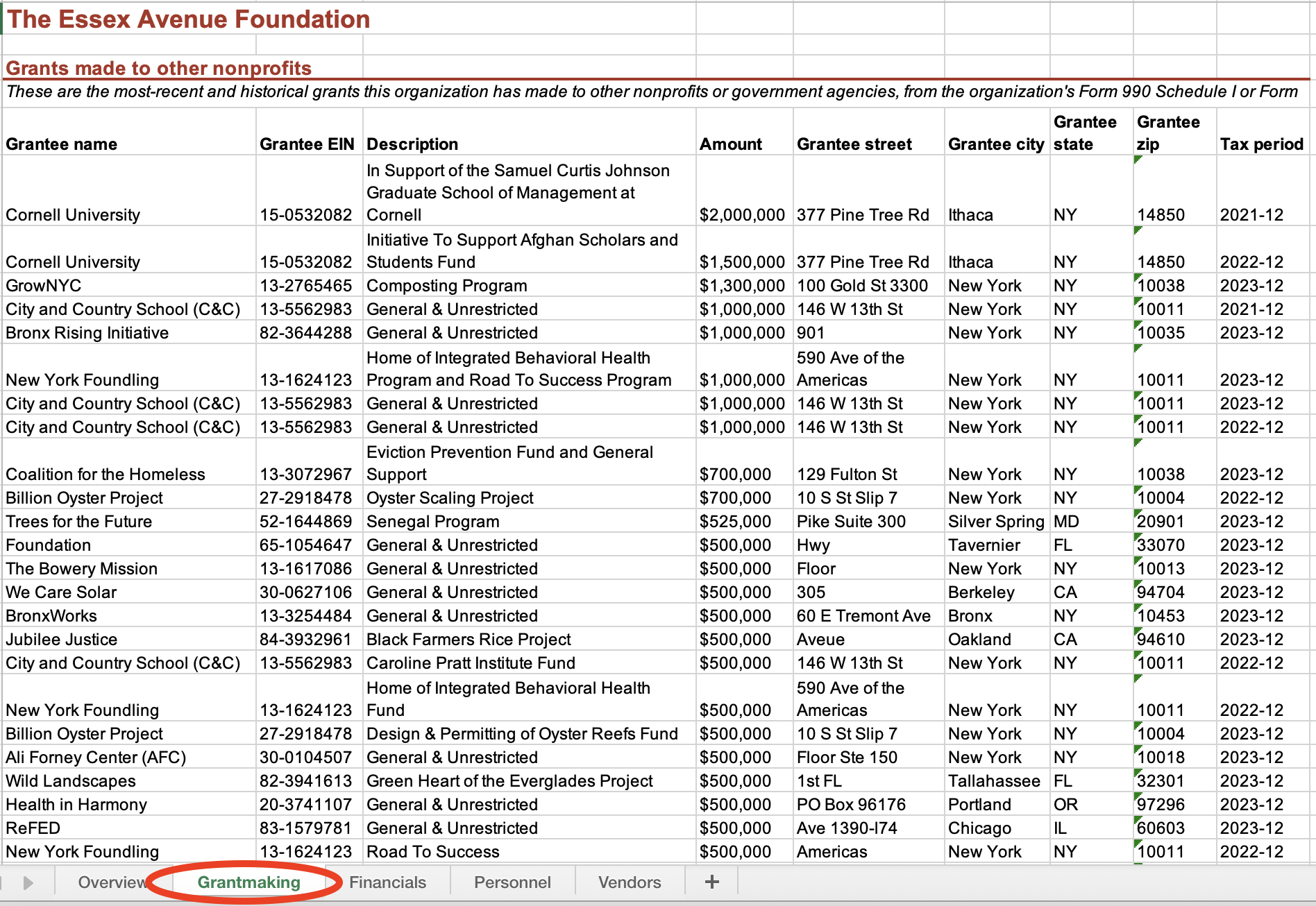 Foundation detailed Excel report - Grantmaking tab