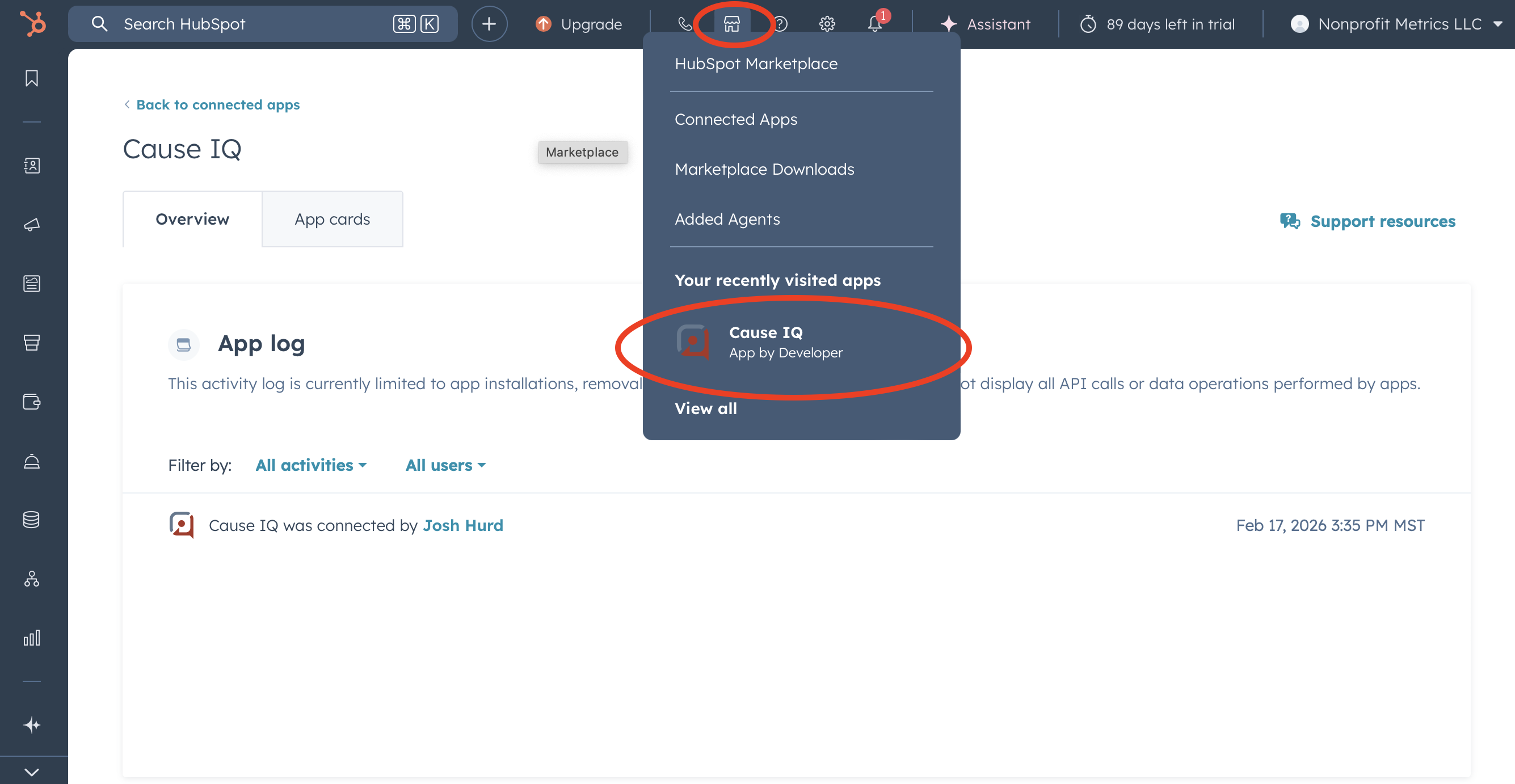 How to access the Cause IQ home page within HubSpot