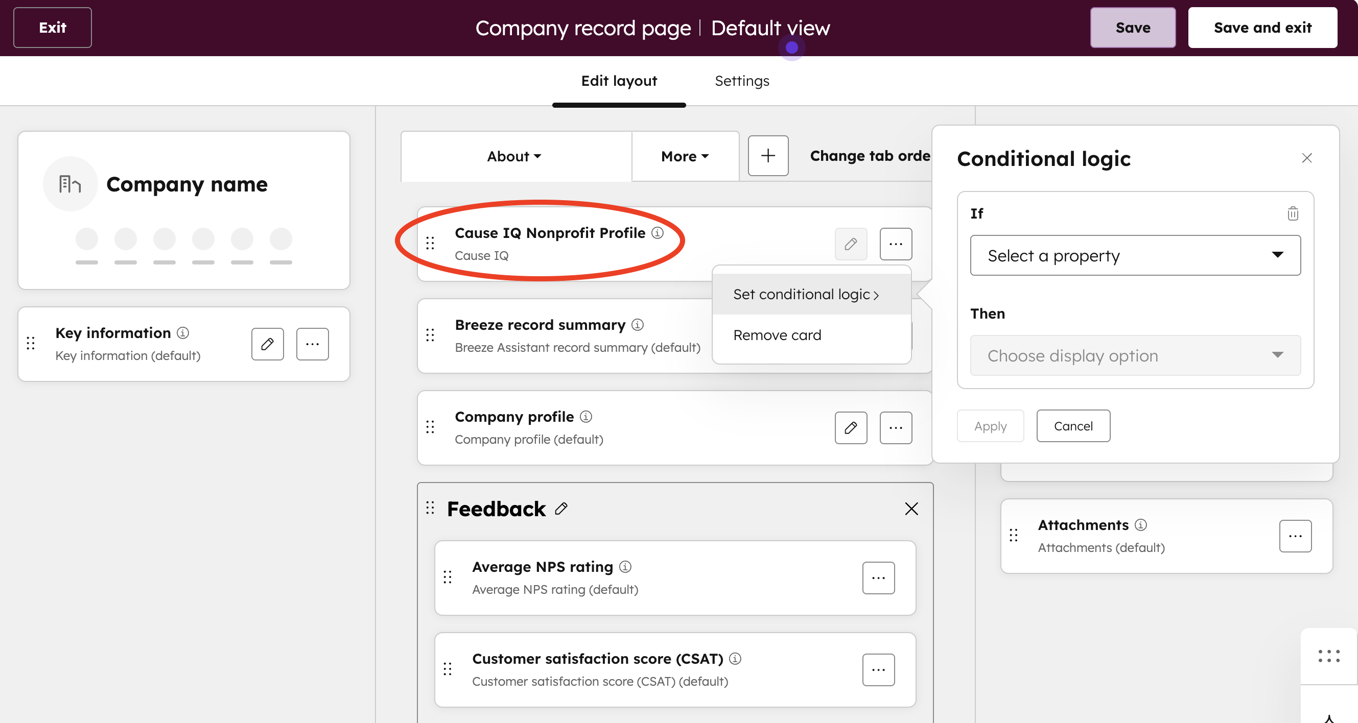 HubSpot integration record card configuration