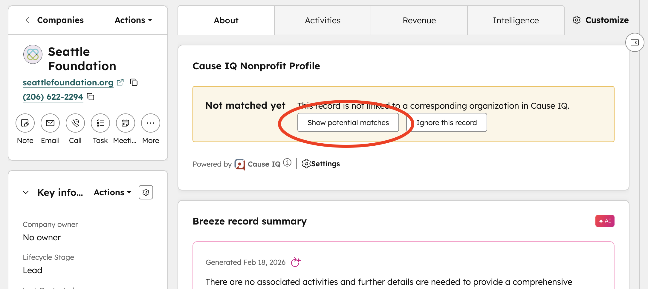 HubSpot integration Company card match