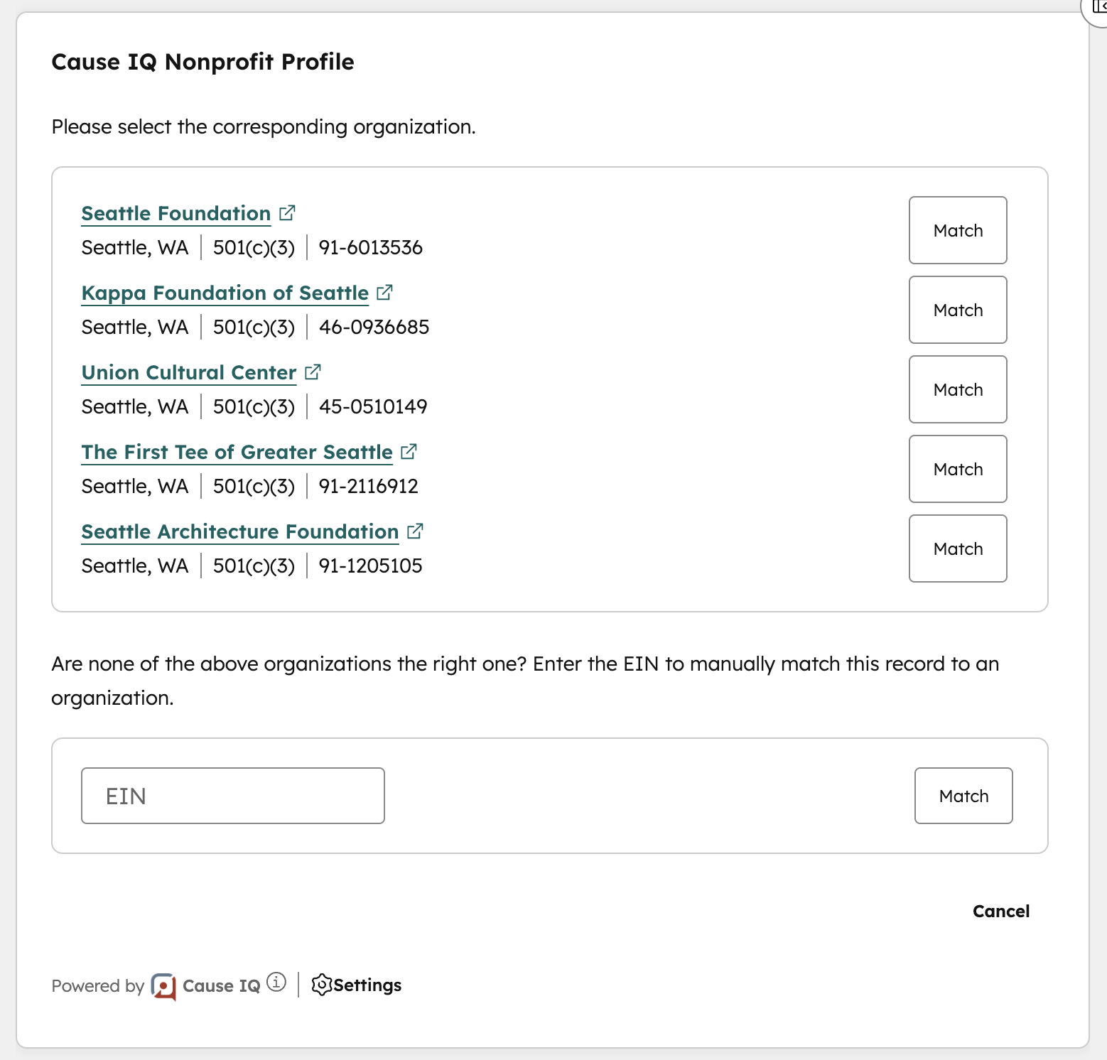 HubSpot integration Company card match step 2