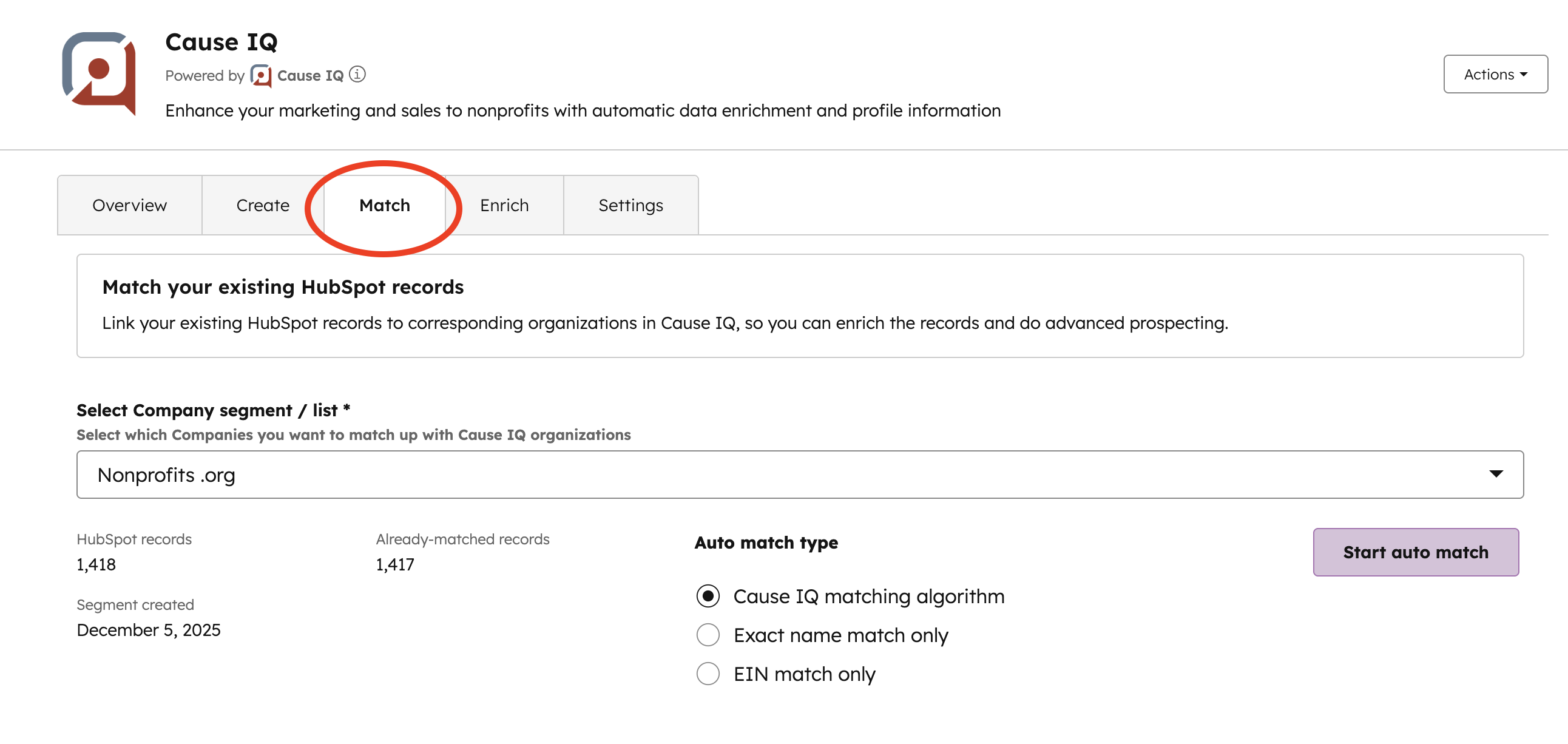 HubSpot integration match tab