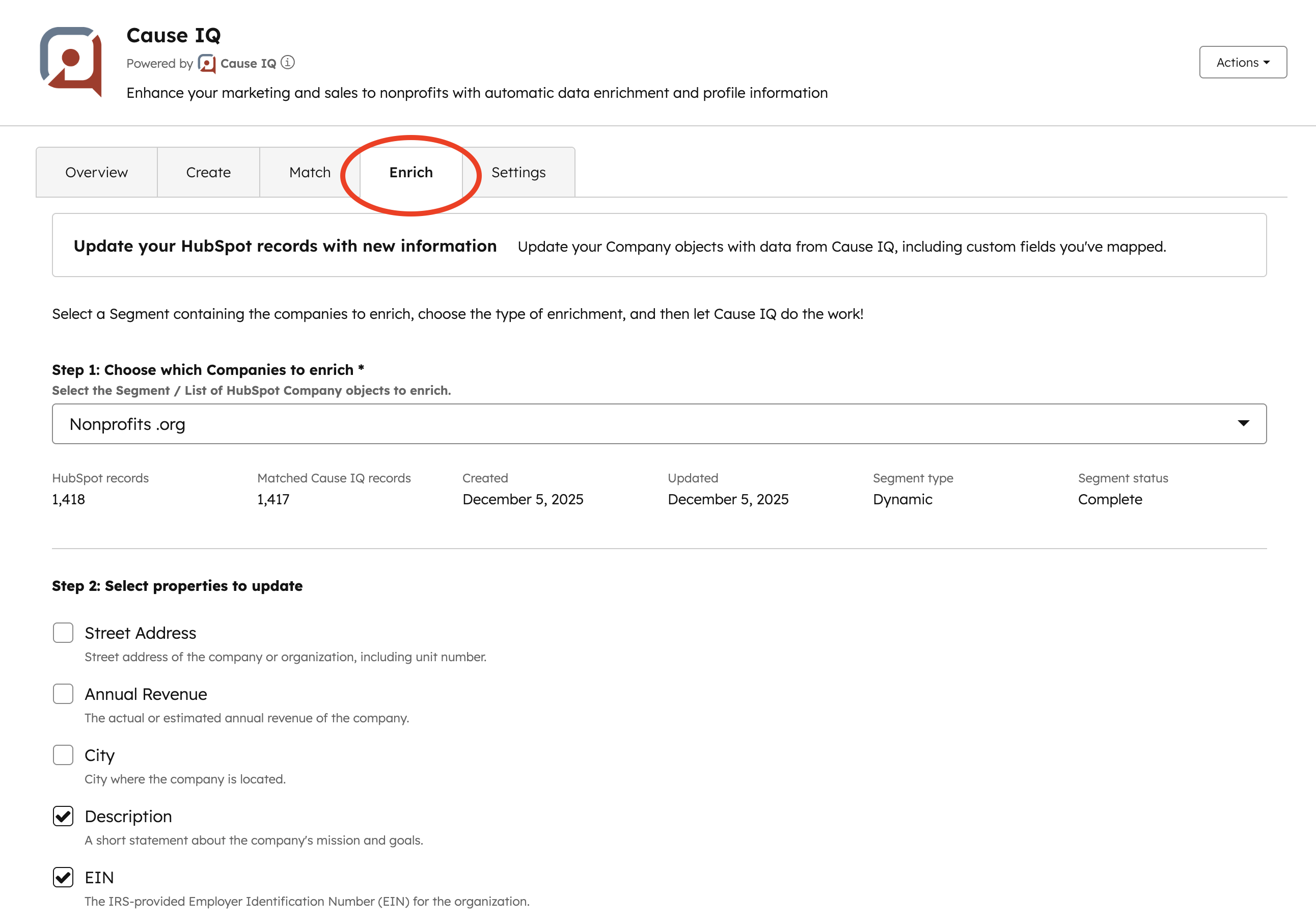 HubSpot integration Enrich tab