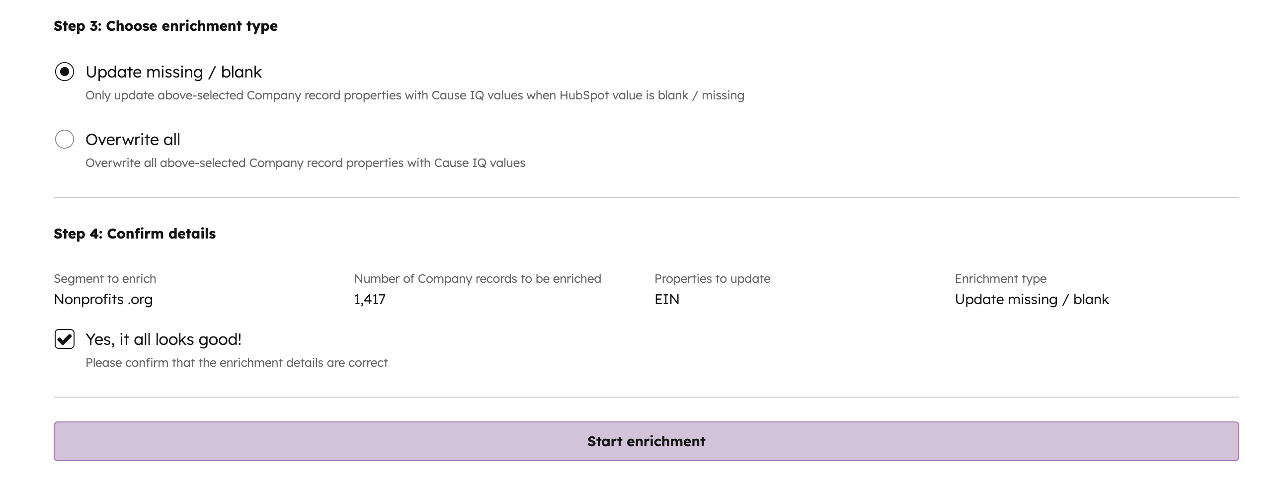 HubSpot enrich tab steps 3 and 4