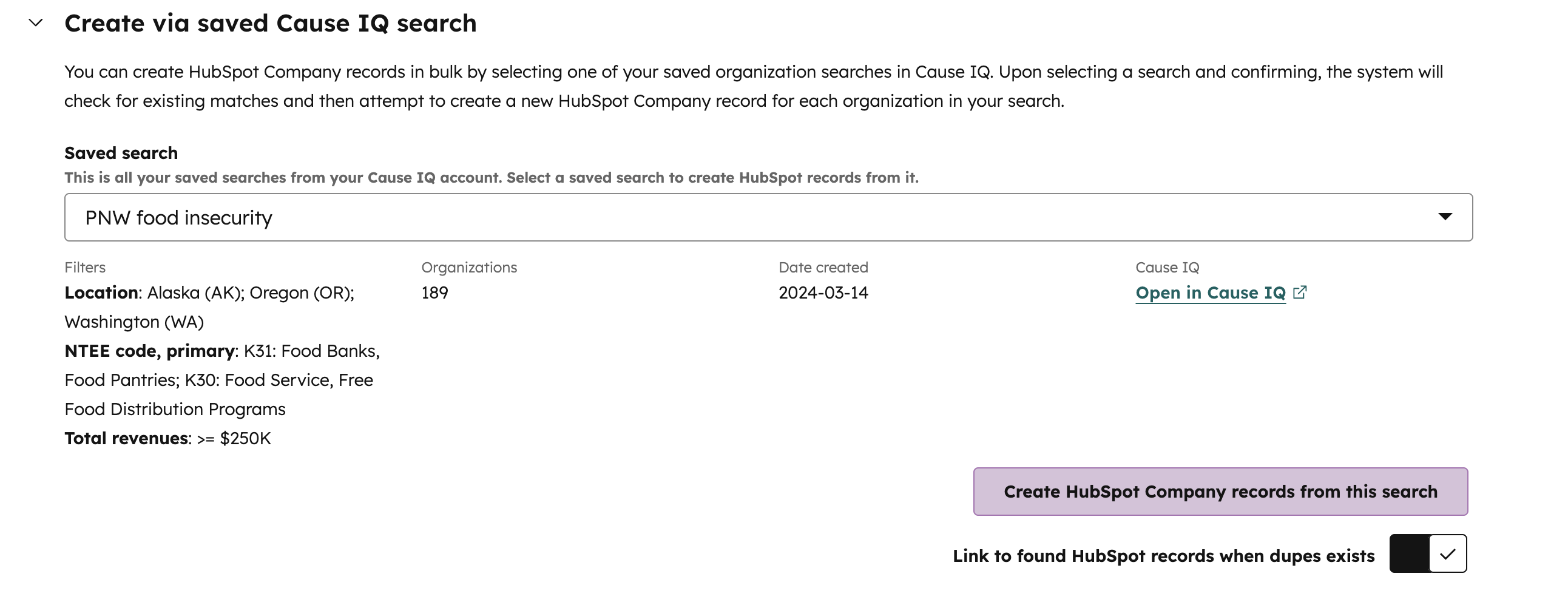 HubSpot integration create records from Cause IQ search
