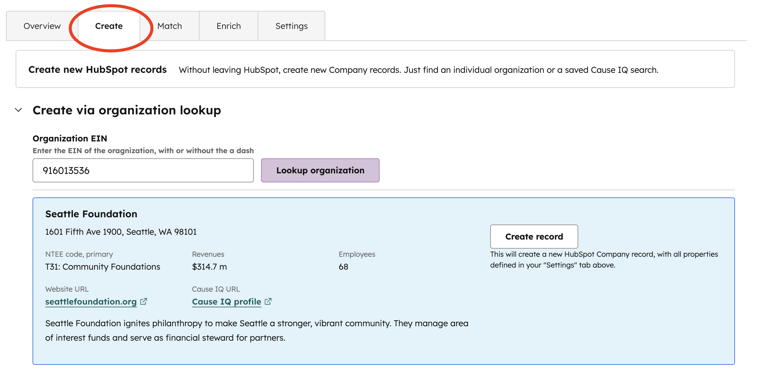 HubSpot integration create records from organization EIN
