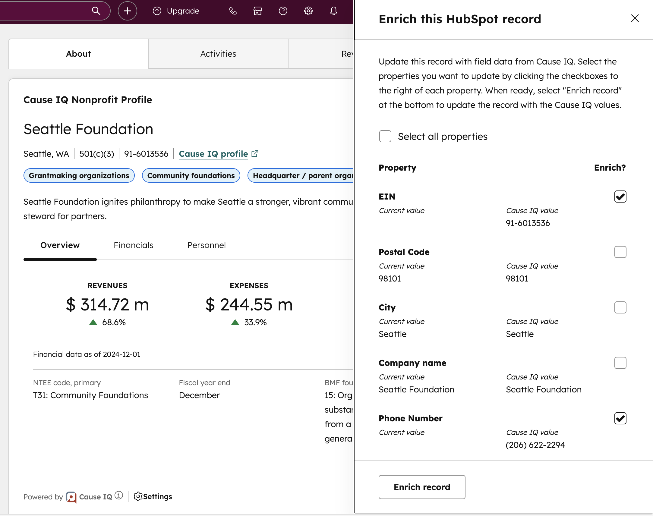 HubSpot integration profile card enrich