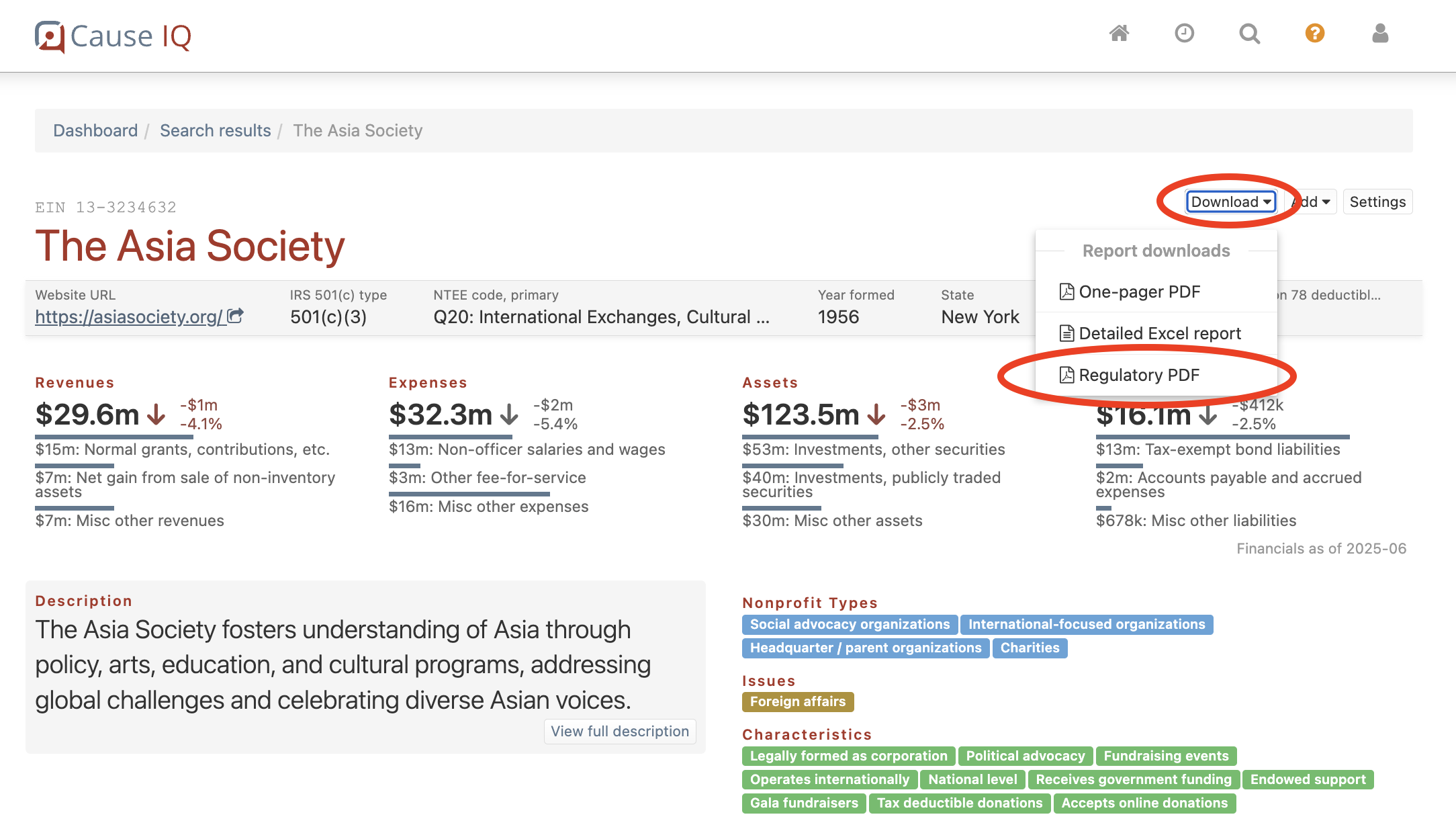 Regulatory PDF report article - profile page download location